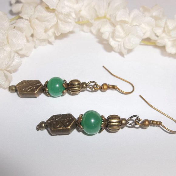 Handmade Beaded Dangle Boho Earrings Faux Jade Green Jewelry Set Gift NWT 5808 - Picture 4 of 8